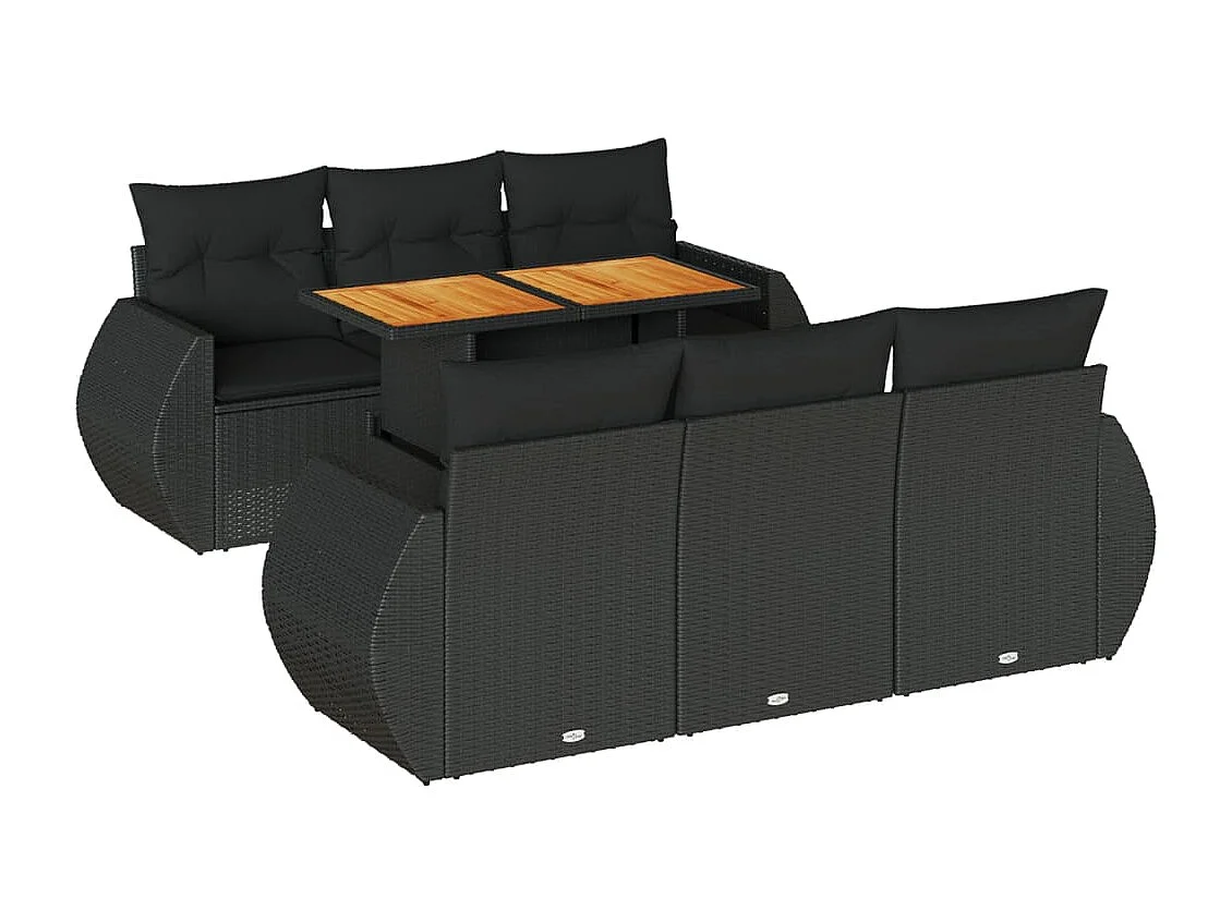 7-delige Loungeset met kussens poly rattan zwart