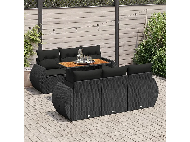 Salon de jardin 7 pièces avec coussins noir résine tressée