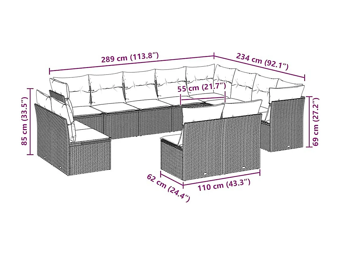 12 peças conj. sofás jardim com almofadões vime PE cinzento-claro