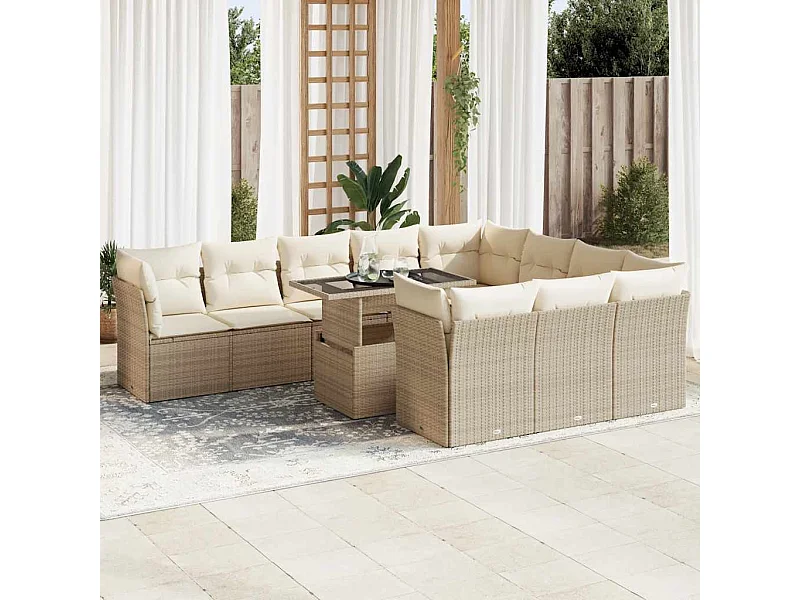 Set de sofás de jardín 11 piezas con cojines ratán sintético beige