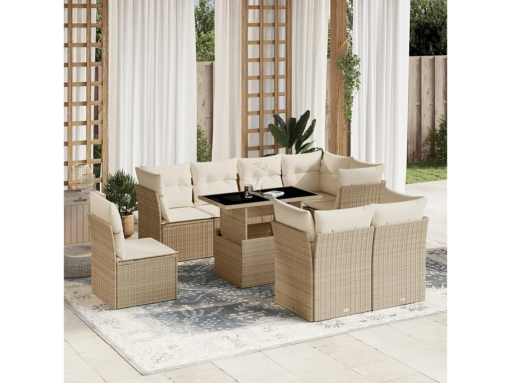 Salon de jardin avec coussins 9 pièces beige résine tressée