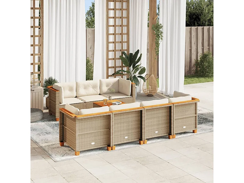 8 peças conjunto de sofás para jardim com almofadões vime PE bege