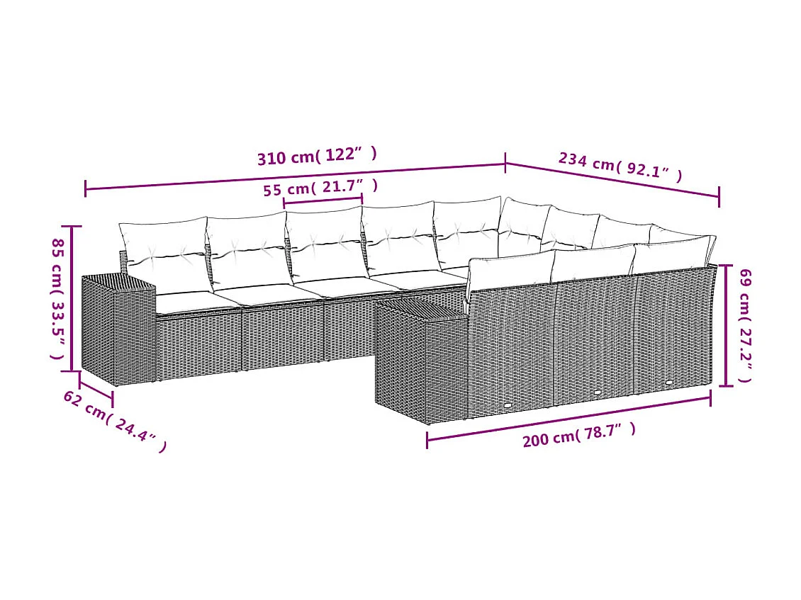 10-delige Loungeset met kussens poly rattan bruin