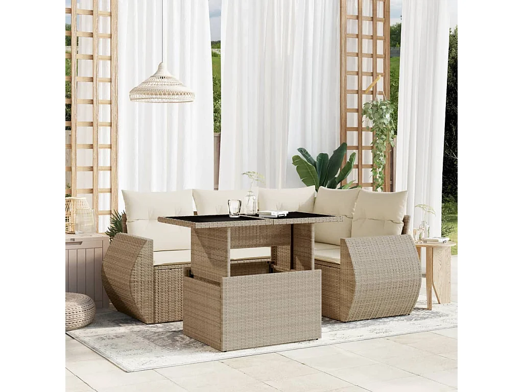 Salon de jardin avec coussins 5 pièces beige résine tressée