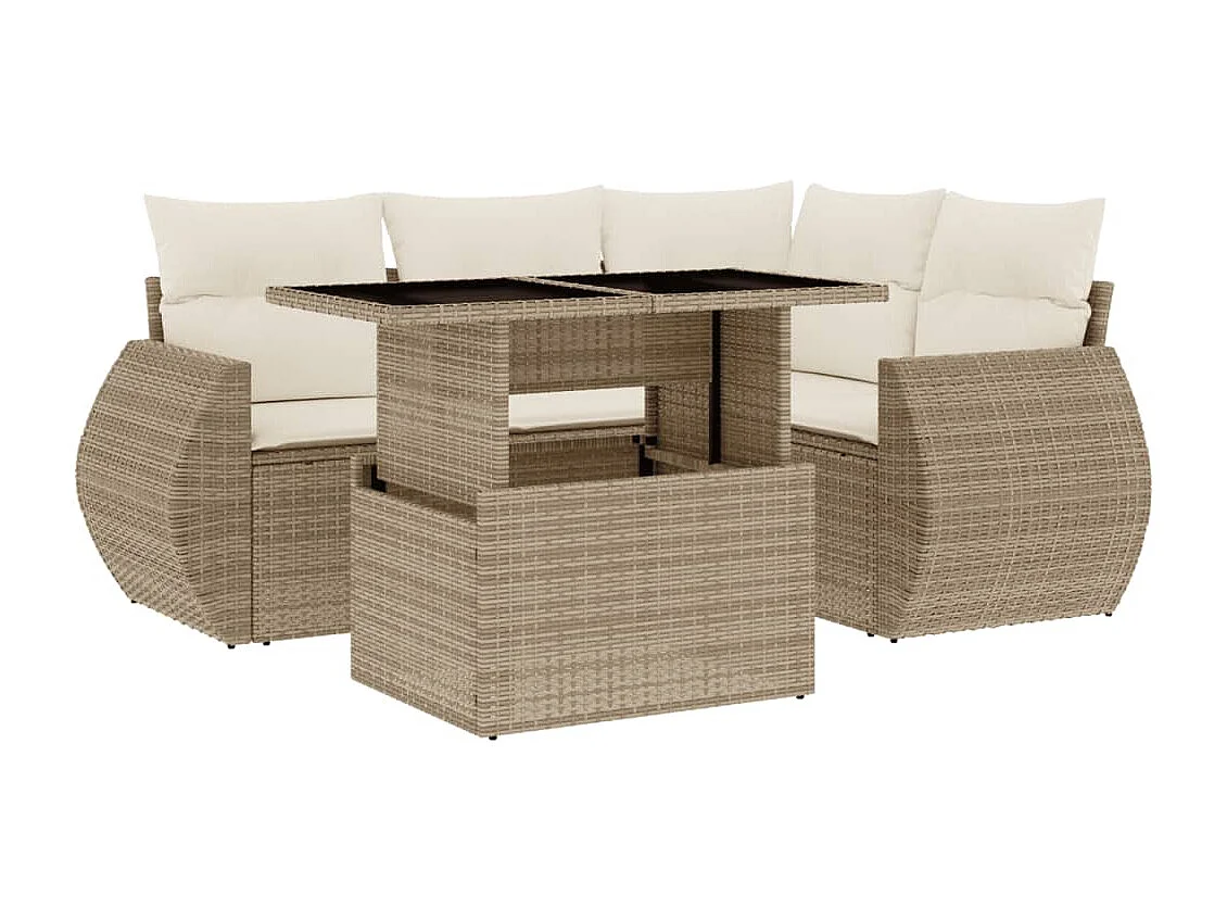 Salon de jardin avec coussins 5 pièces beige résine tressée