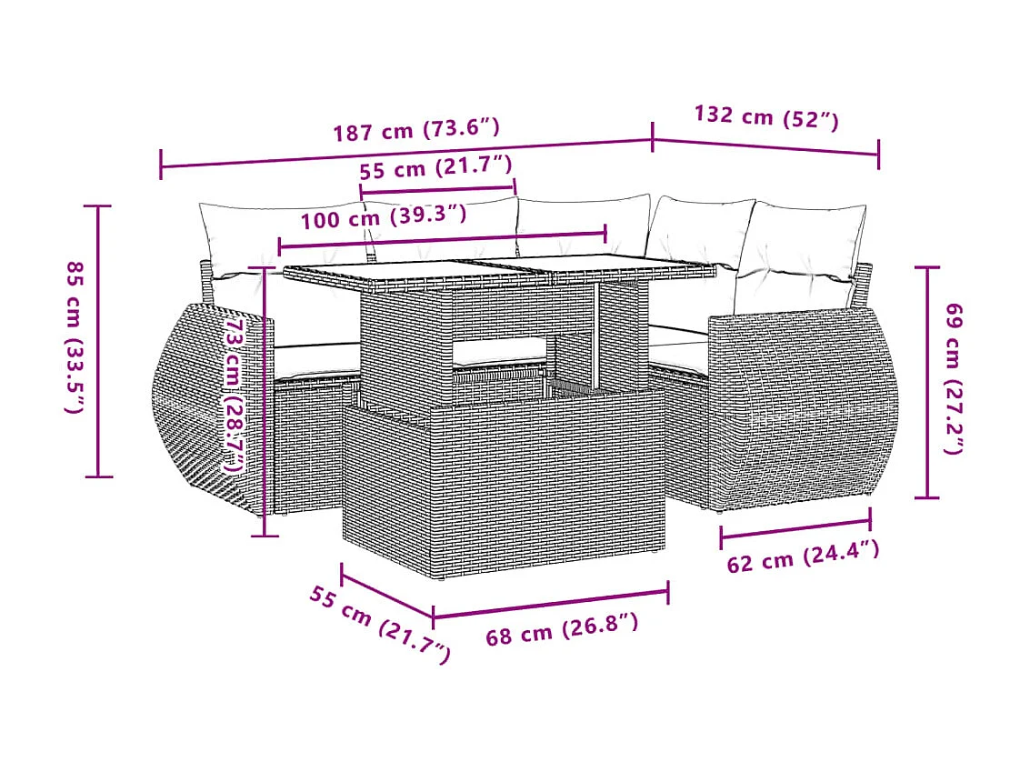Salon de jardin avec coussins 5 pièces beige résine tressée