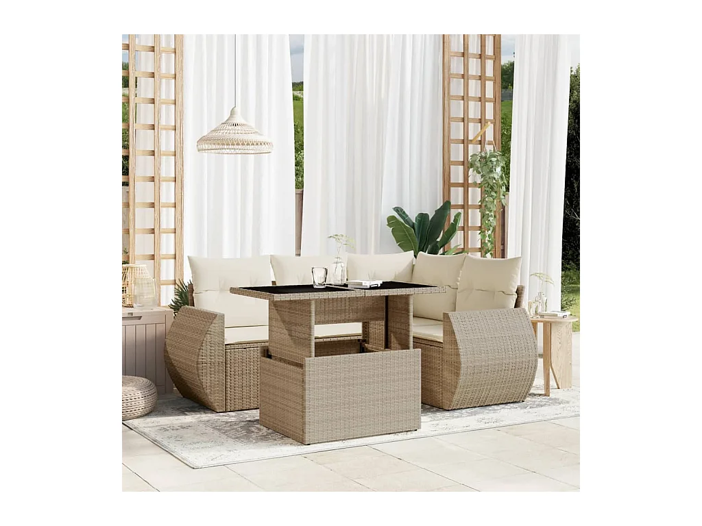 Salon de jardin avec coussins 5 pièces beige résine tressée