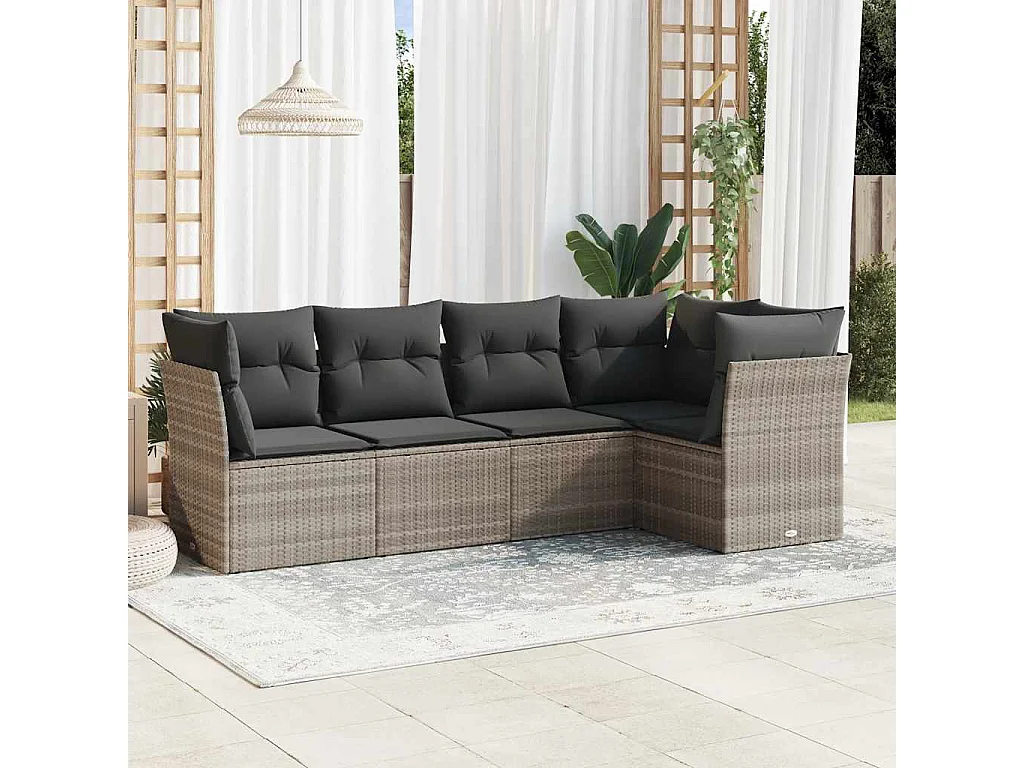 Set de sofás jardín y cojines 5 piezas ratán sintético gris claro