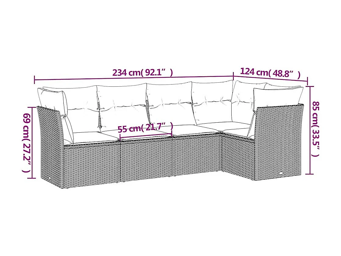 Set de sofás jardín y cojines 5 piezas ratán sintético gris claro