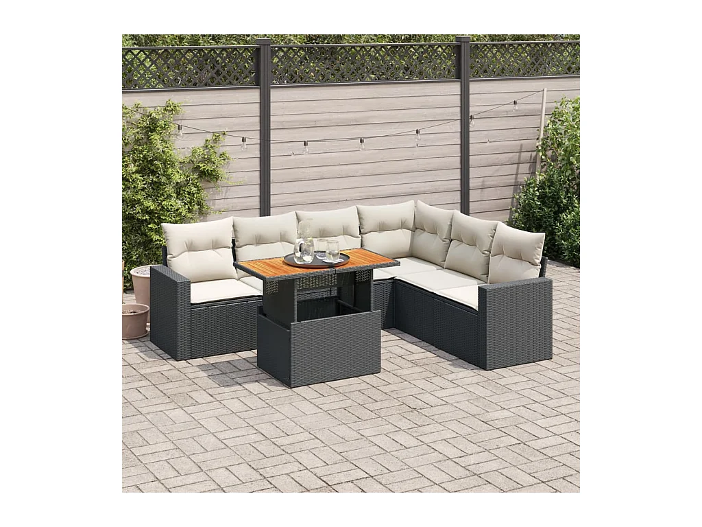 Set de sofás de jardín 7 piezas con cojines ratán sintético negro