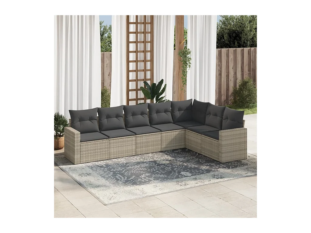 Set de sofás de jardín 7 piezas con cojines ratán PE gris claro