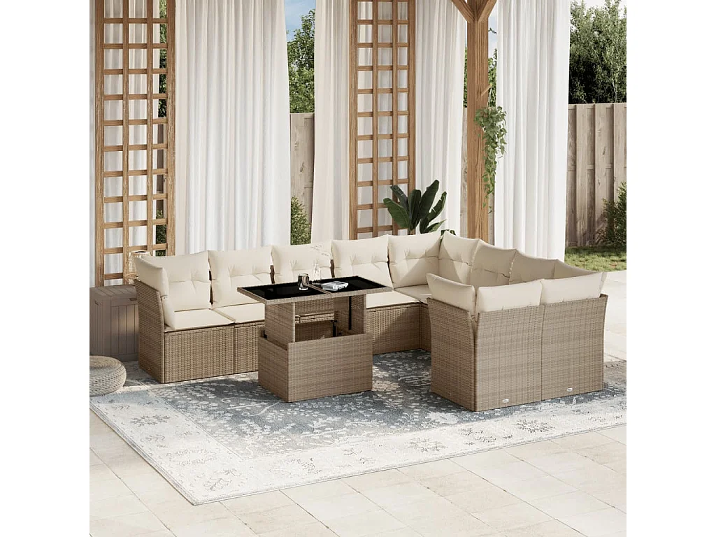 Salon de jardin avec coussins 10 pièces beige résine tressée