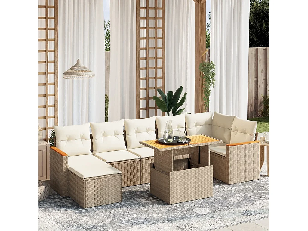 8-delige Loungeset met kussens poly rattan beige