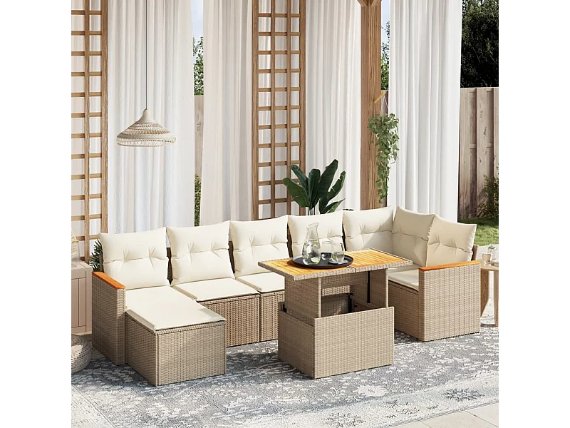 8-delige Loungeset met kussens poly rattan beige