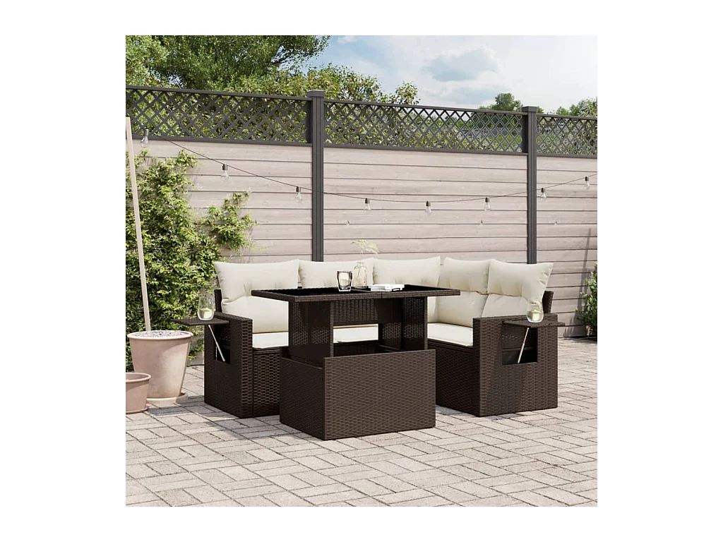 5-delige Loungeset met kussens poly rattan bruin