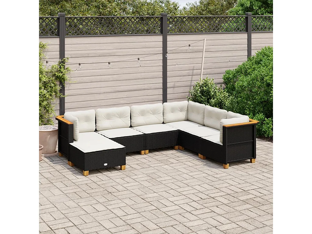 7-delige Loungeset met kussens poly rattan zwart
