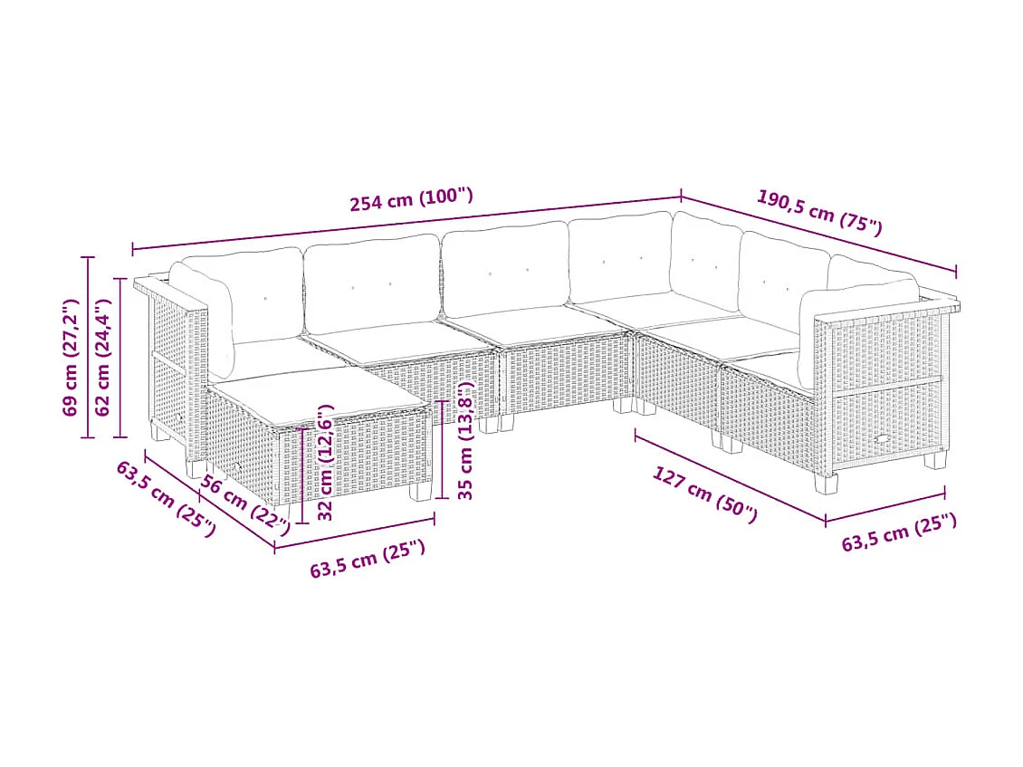 7-delige Loungeset met kussens poly rattan zwart