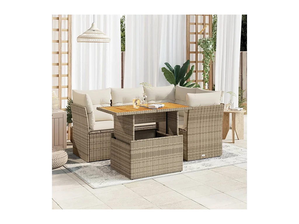 Salon de jardin avec coussins 5 pièces beige résine tressée