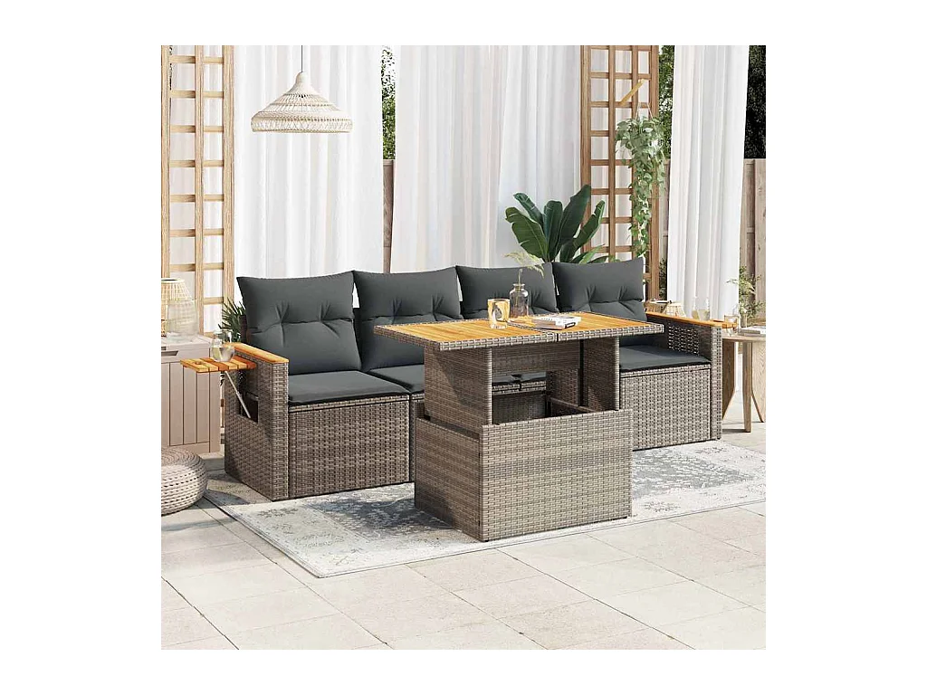 5-delige Loungeset met kussens poly rattan acacia grijs