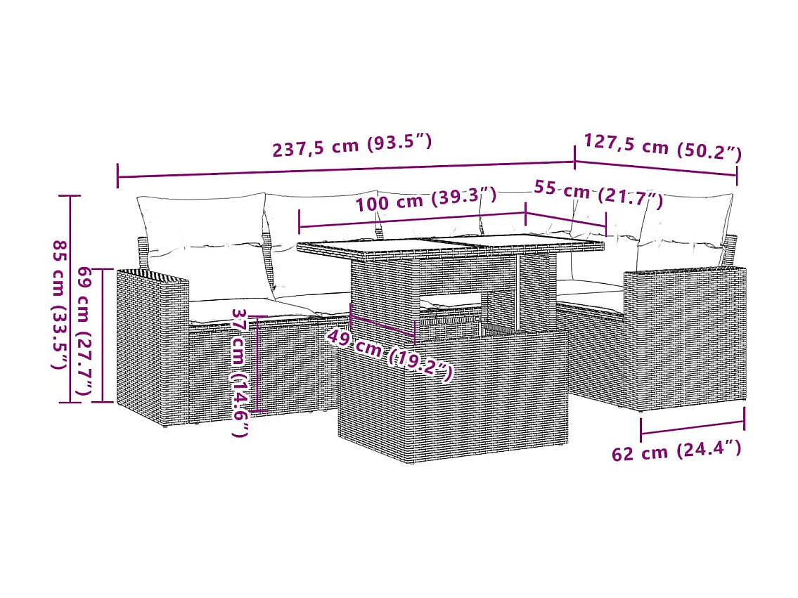 Salon de jardin avec coussins 6 pièces marron résine tressée