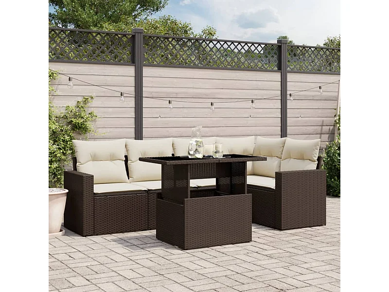 6 peças conjunto de sofás jardim com almofadões vime PE castanho