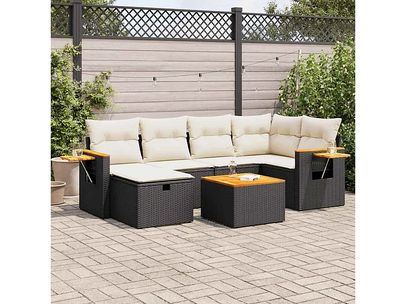 Set de sofás de jardín 7 piezas con cojines ratán sintético negro