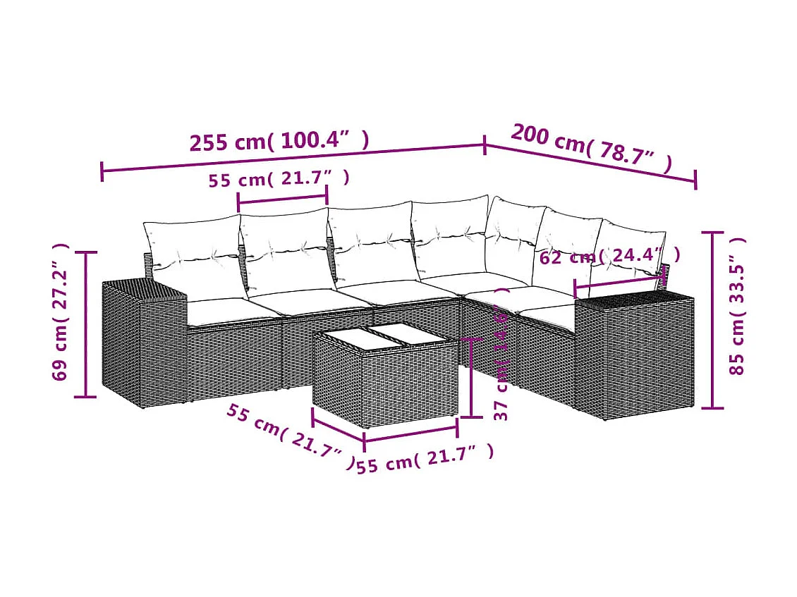 Salon de jardin avec coussins 7 pièces gris clair résine tressée