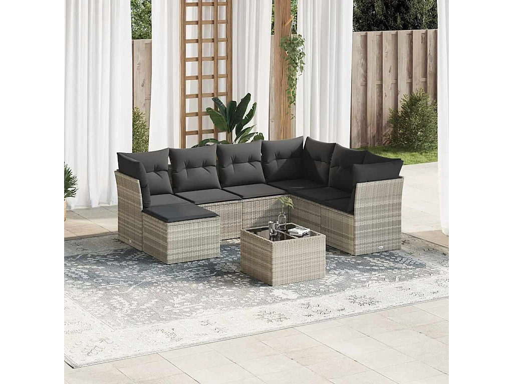 Salon de jardin 8 pièces avec coussins gris clair résine tressée