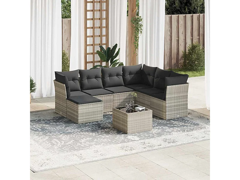 Salon de jardin 8 pièces avec coussins gris clair résine tressée