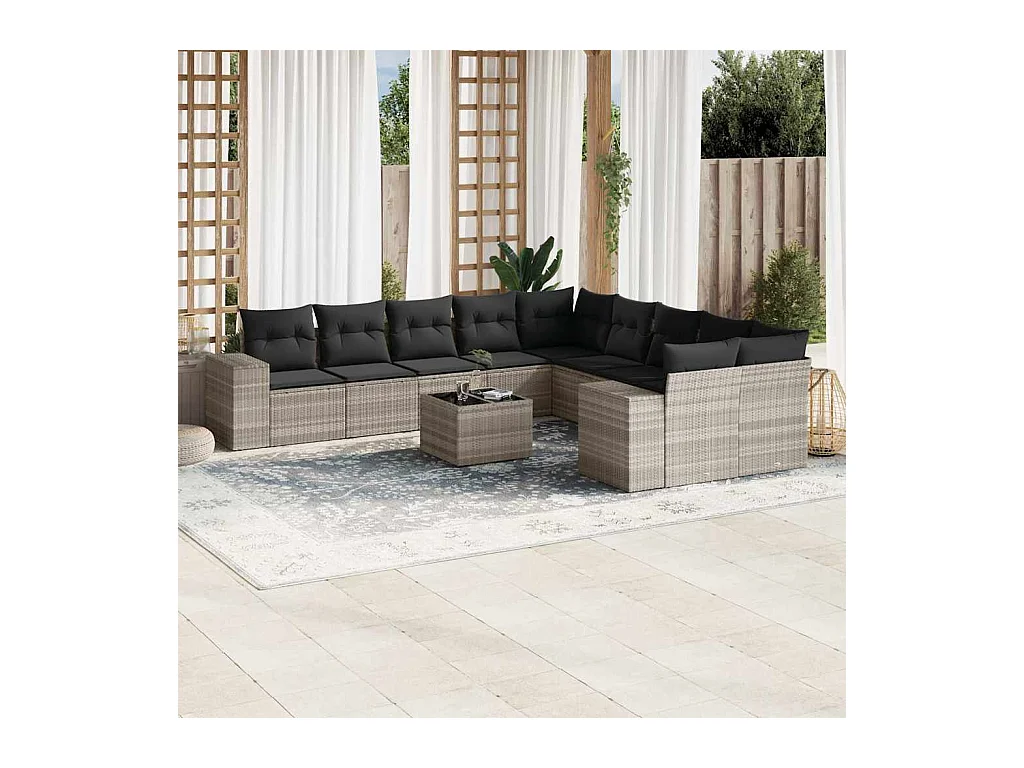 Set de sofás de jardín 11 piezas y cojines ratán sintético gris