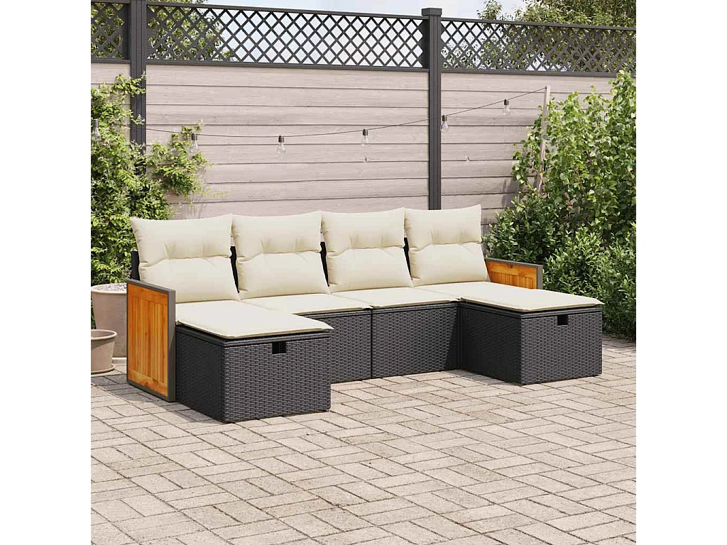 6-delige Loungeset met kussens poly rattan zwart