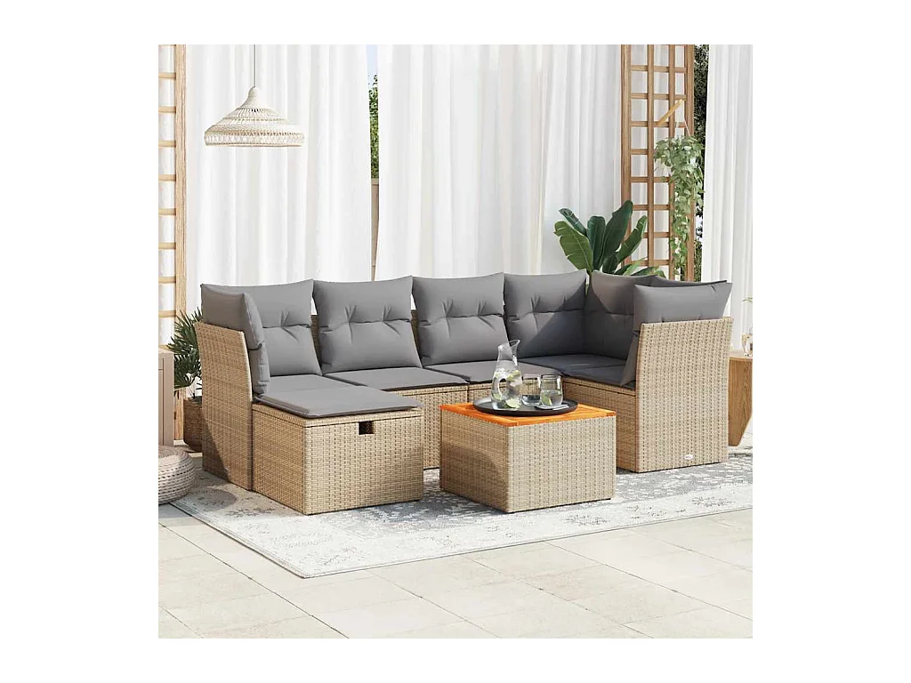 7-delige Loungeset met kussens poly rattan beige