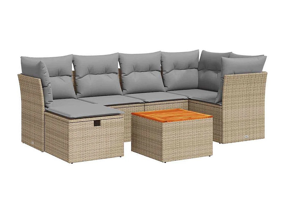 7-delige Loungeset met kussens poly rattan beige