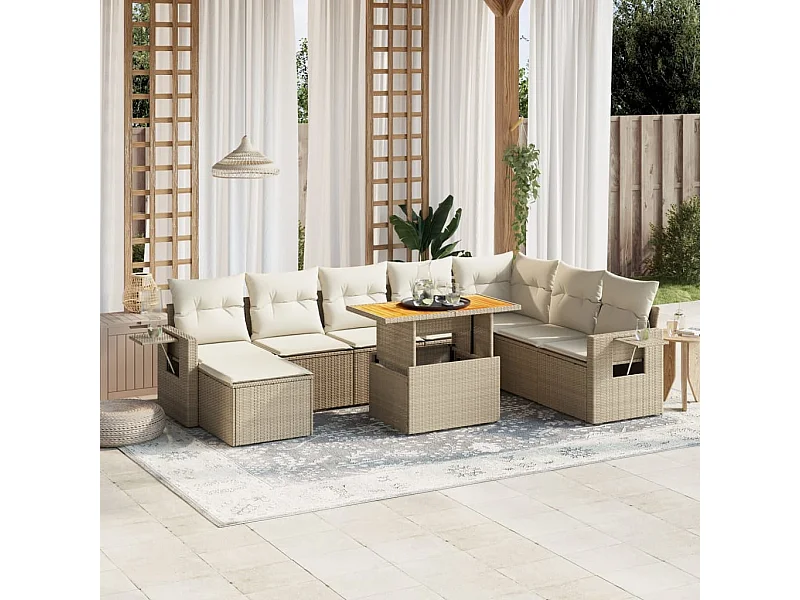 9 peças conjunto de sofás para jardim com almofadões vime PE bege