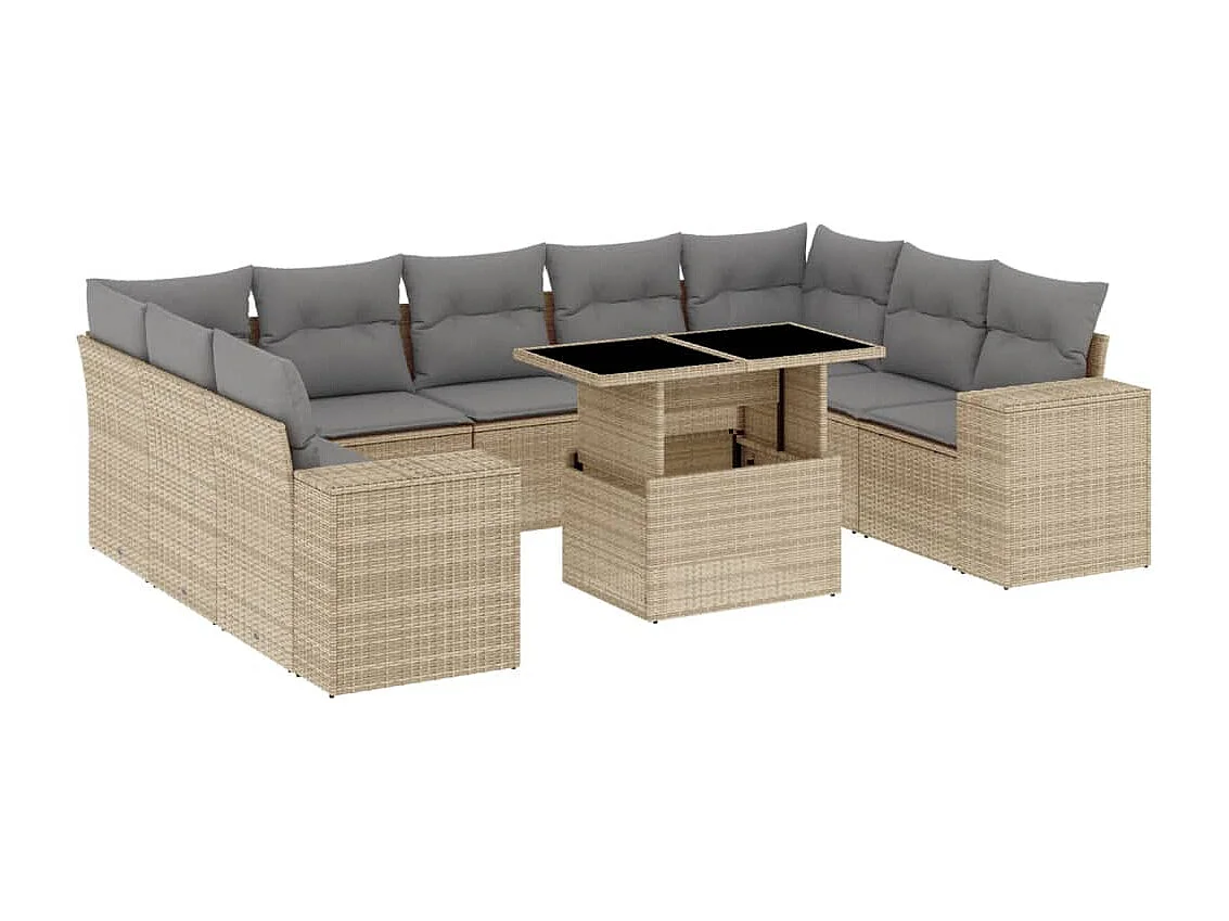 10-delige Loungeset met kussens poly rattan beige