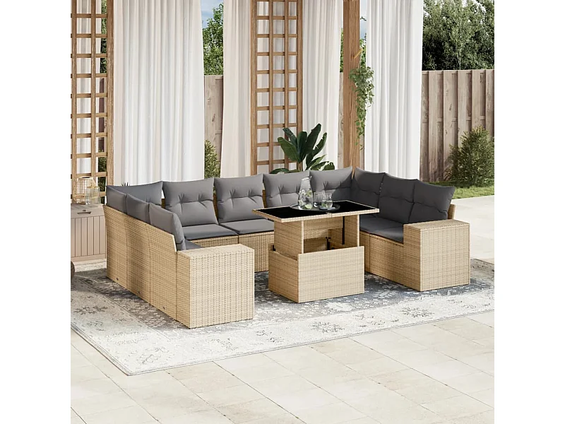 Salon de jardin avec coussins 10 pièces beige résine tressée