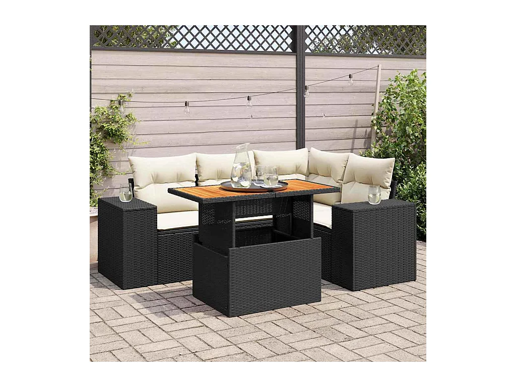 5-delige Loungeset met kussens poly rattan zwart