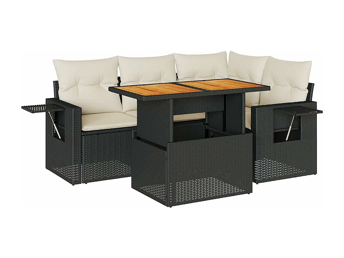 5-delige Loungeset met kussens poly rattan zwart