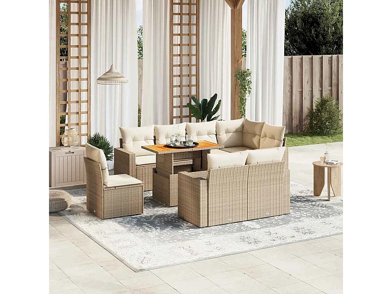 Salon de jardin avec coussins 9 pièces beige résine tressée