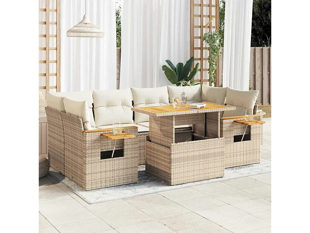 Salon de jardin avec coussins 7 pièces beige résine tressée acacia