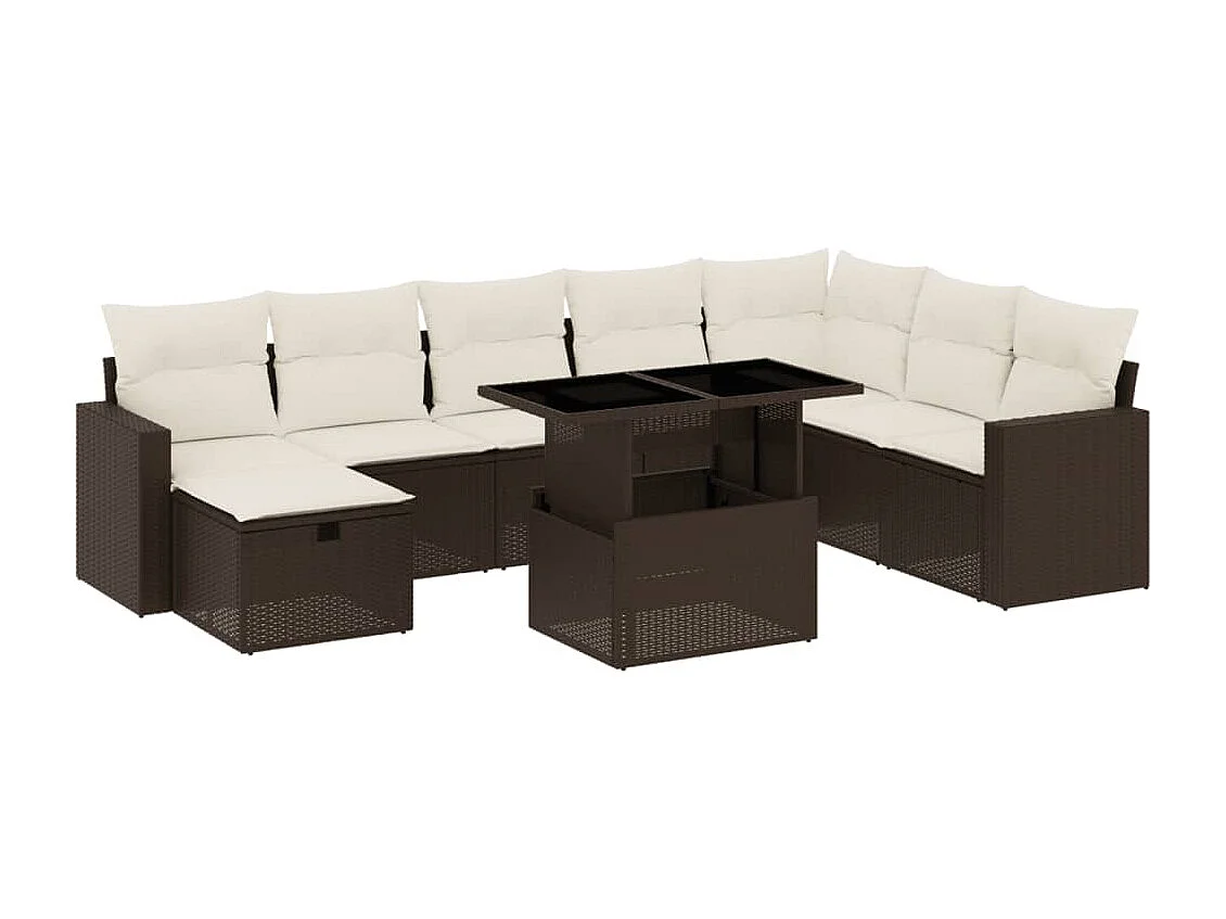 9 peças conjunto sofás para jardim com almofadões vime PE castanho