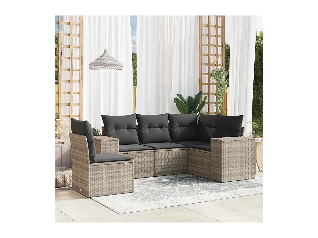Salon de jardin 5 pièces avec coussins gris clair résine tressée