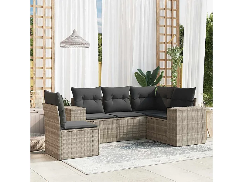 5-delige Loungeset met kussens poly rattan lichtgrijs