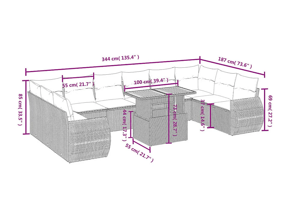 11 peças conjunto sofás de jardim com almofadões vime PE bege