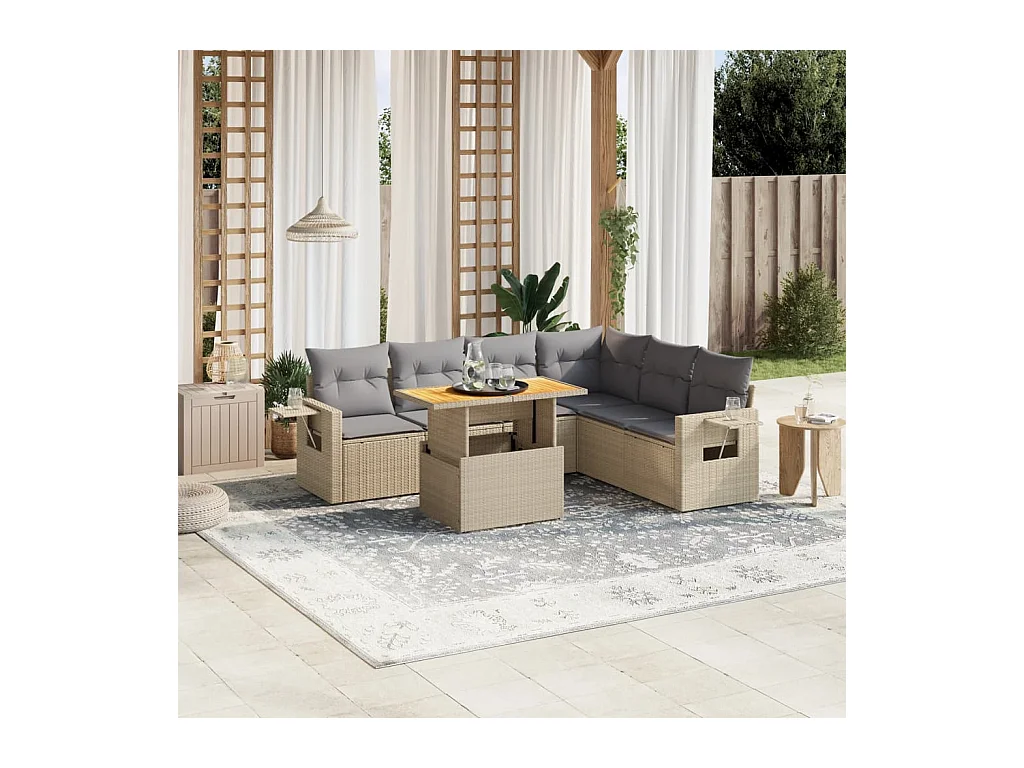 7-delige Loungeset met kussens poly rattan beige