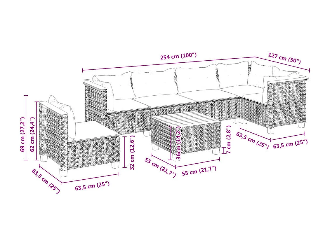7-delige Loungeset met kussens poly rattan grijs