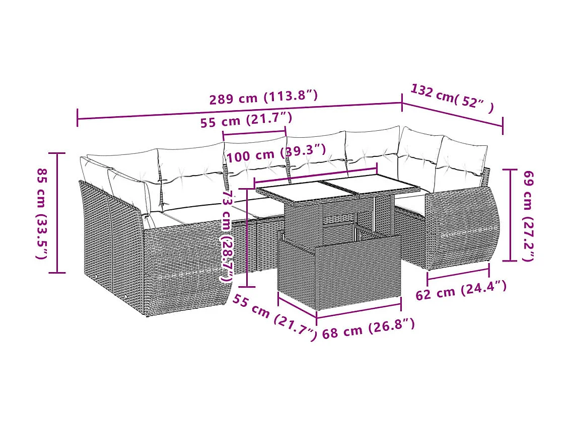 8 peças conjunto sofás de jardim com almofadões vime PE castanho