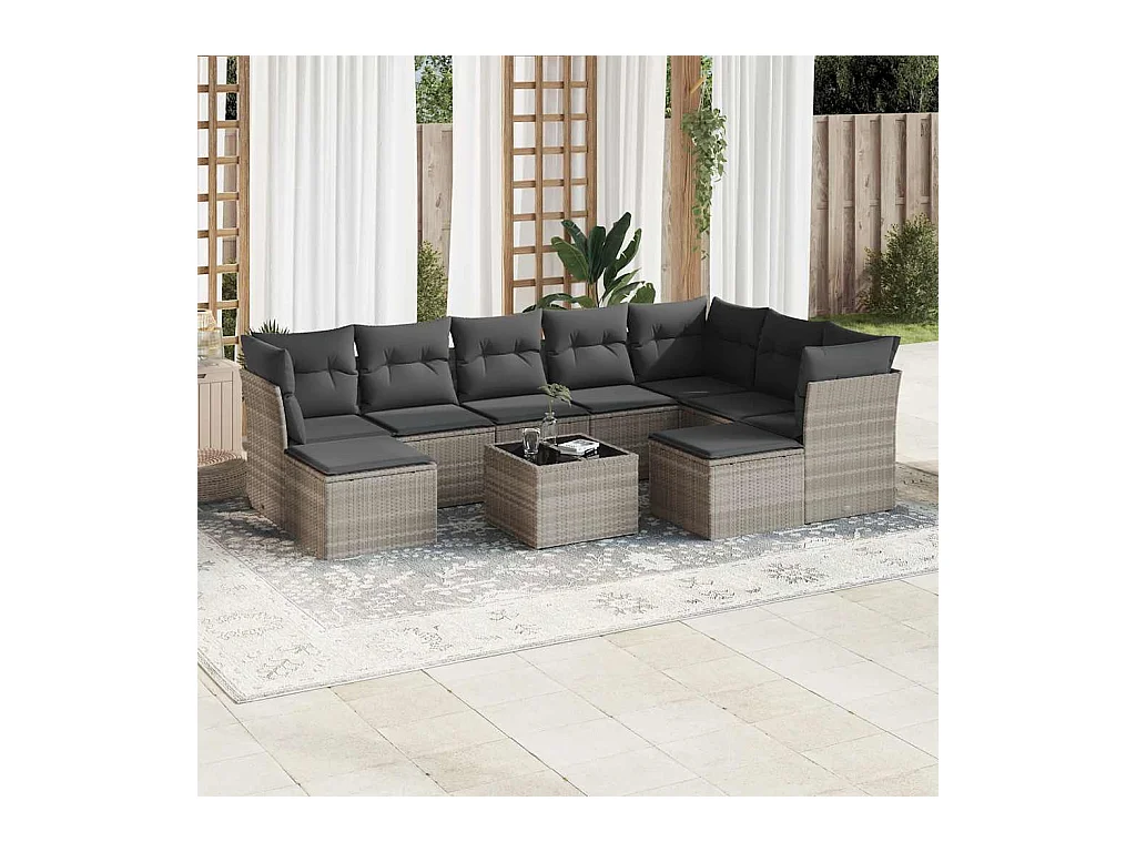 10-delige Loungeset met kussens poly rattan lichtgrijs