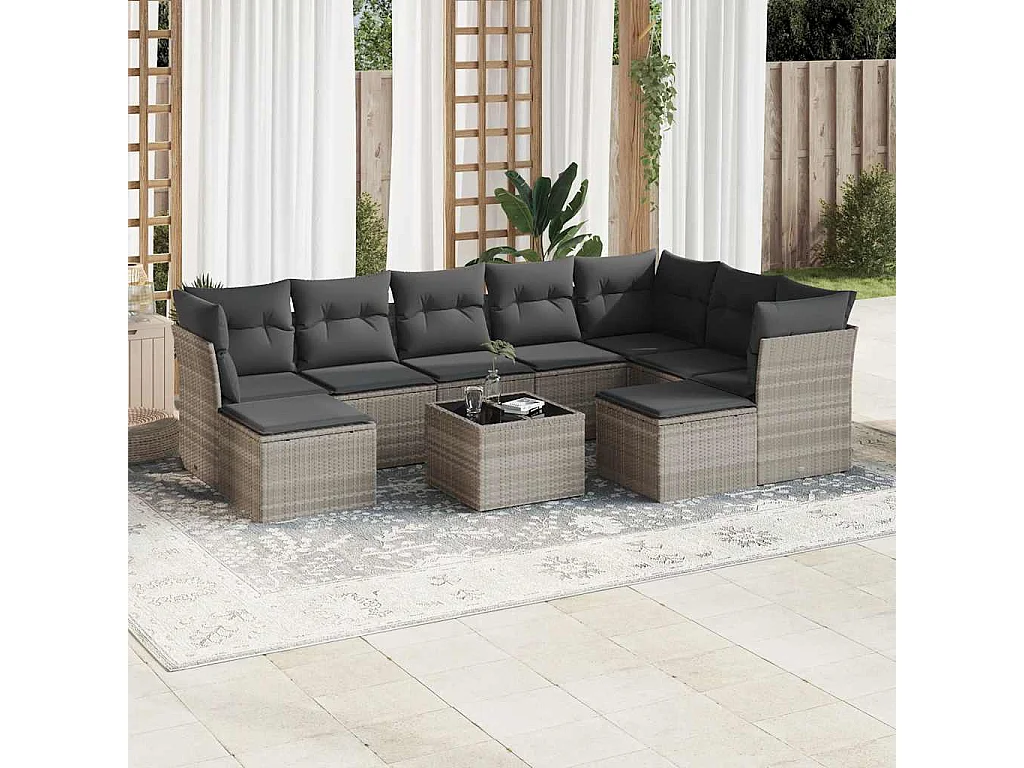 Salon de jardin avec coussins 10 pièces gris clair résine tressée