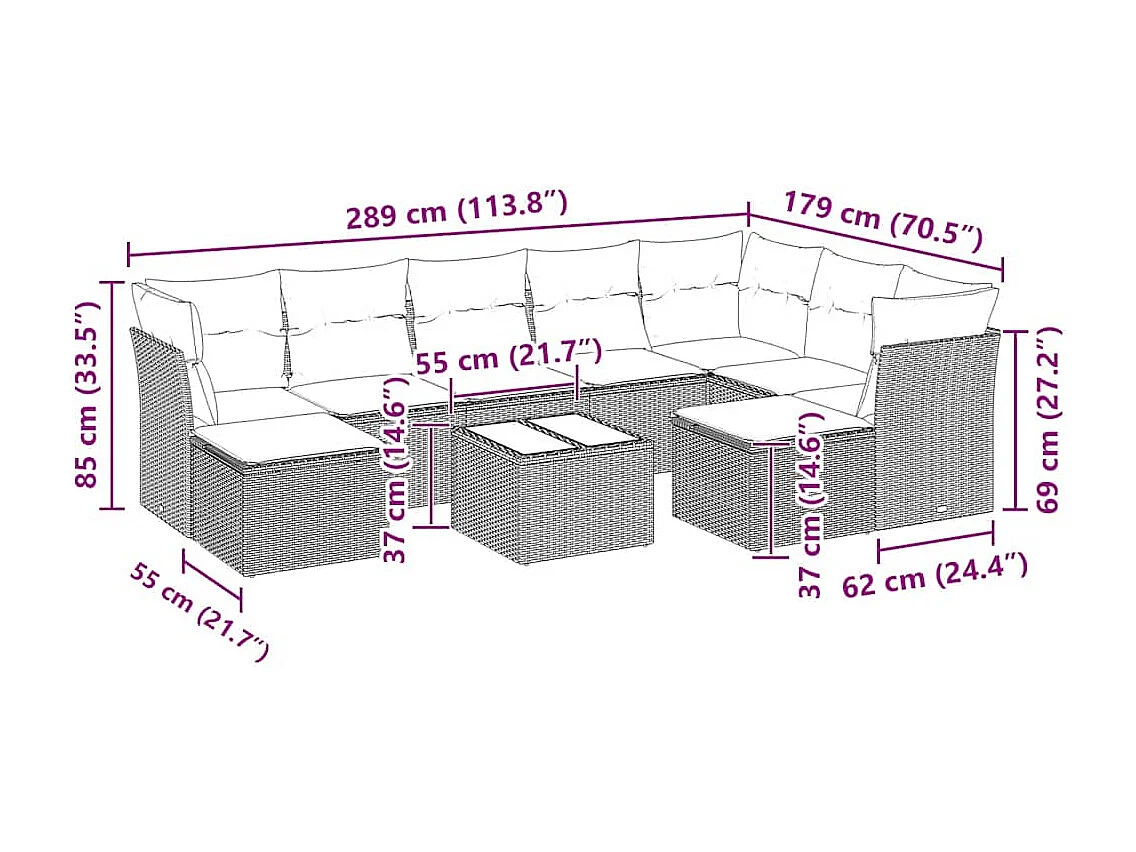Salon de jardin avec coussins 10 pièces gris clair résine tressée